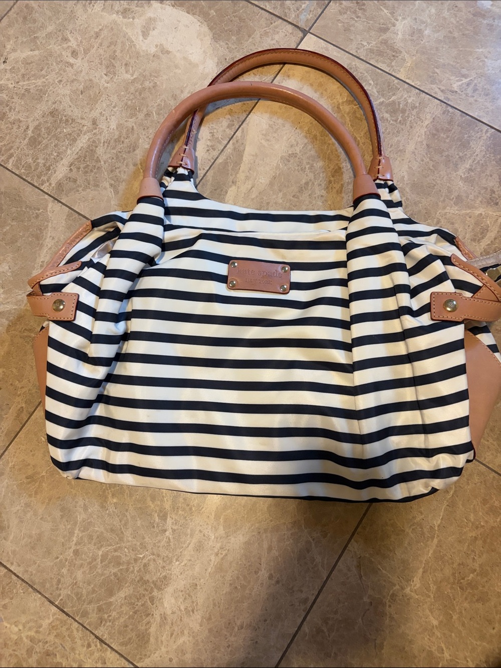 kate spade Navy and White Striped Tote with Tan Accents